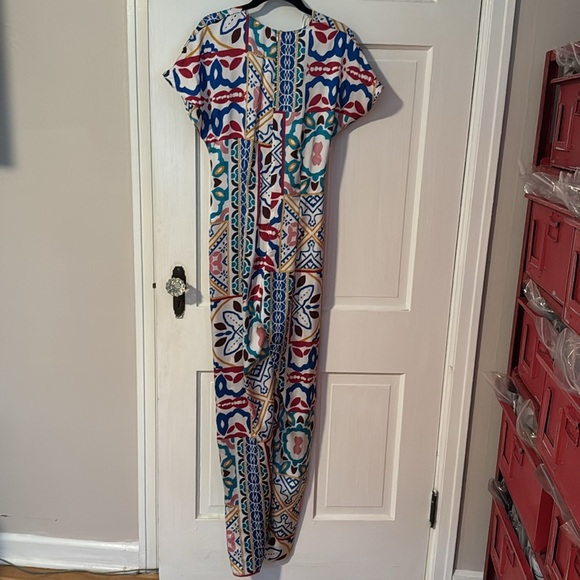 Zara NWT Satin Effect Multicolor Patchwork Print Wide Leg Short Sleeve Jumpsuit - Picture 11 of 14